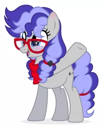 Size: 1965x2416 | Tagged: safe, artist:lazuli, artist:rioshi, artist:starshade, derpibooru import, oc, oc:cinnabyte, unofficial characters only, earth pony, pony, bandana, blushing, ear blush, female, glasses, mare, simple background, solo, white background