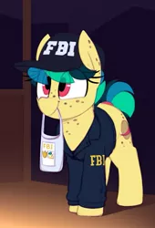 Size: 961x1411 | Tagged: safe, artist:shinodage, derpibooru import, oc, oc:apogee, unofficial characters only, pegasus, pony, bag, body freckles, cap, clothes, costume, cute, diageetes, ear freckles, eye clipping through hair, fbi, fbi agent, female, filly, freckles, halloween, halloween costume, hat, holiday, jacket, mouth hold, ocbetes, short mane, short tail, solo, teenager, trick or treat