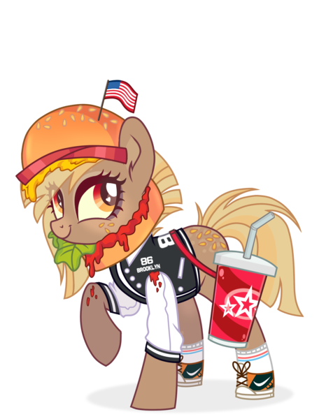 Size: 1280x1647 | Tagged: safe, alternate version, artist:syriskater, derpibooru import, oc, oc:patty (ice1517), unofficial characters only, earth pony, pony, american flag, bag, burger, cheese, clothes, converse, cup, female, flag, food, freckles, hat, heart eyes, jersey, ketchup, lettuce, mare, markings, raised hoof, sauce, shoes, simple background, socks, soda, solo, tomato, transparent background, wingding eyes