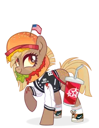 Size: 1280x1647 | Tagged: safe, alternate version, artist:syriskater, derpibooru import, oc, oc:patty (ice1517), unofficial characters only, earth pony, pony, american flag, bag, burger, cheese, clothes, converse, cup, female, flag, food, freckles, hat, heart eyes, jersey, ketchup, lettuce, mare, markings, raised hoof, sauce, shoes, simple background, socks, soda, solo, tomato, transparent background, wingding eyes