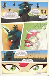 Size: 1253x1950 | Tagged: safe, artist:saturdaymorningproj, derpibooru import, queen chrysalis, oc, oc:himecchi shinku, changeling, changeling queen, pony, unicorn, comic:i await a guardian, accidental innuendo, comic, curved horn, female, horn, implied death, implied murder, starry eyes, wingding eyes, zap