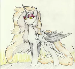 Size: 4830x4444 | Tagged: safe, artist:foxtrot3, derpibooru import, oc, oc:verdict, unofficial characters only, alicorn, pony, alicorn oc, alternate forms, black wings, disdain, glowing eyes, horn, nightmare form, solo, traditional art, transformation, wings