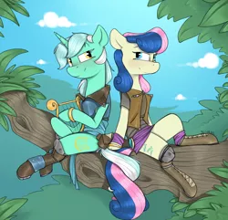 Size: 1162x1120 | Tagged: safe, artist:sinrar, derpibooru import, bon bon, lyra heartstrings, sweetie drops, earth pony, pony, unicorn, adorabon, armor, belt, boots, bracelet, clothes, cute, eye contact, fantasy, female, harp, jewelry, lesbian, looking at each other, lyrabetes, lyrabon, mare, musical instrument, pouch, shipping, shoes, smiling, socks, tree, vest