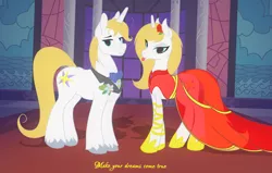 Size: 2786x1773 | Tagged: safe, artist:eqamrd, derpibooru import, prince blueblood, pony, unicorn, bedroom eyes, blonde, canterlot castle, clothes, cutie mark, dress, duality, evening dress, female, flower, gala dress, grand galloping gala, happy birthday mlp:fim, implied selfcest, implied transformation, implied transgender, implied transgender transformation, jewelry, looking at you, magic, male, mare, mlp fim's ninth anniversary, prince, princess, princess bluebelle, rose, royalty, rule 63, self ponidox, selfcest, shipping, stallion, text, tongue out