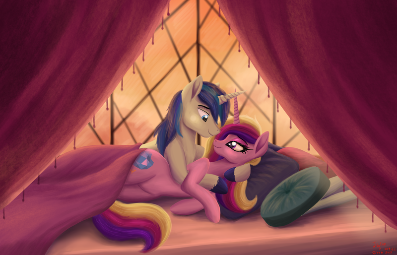 Size: 5998x3852 | Tagged: safe, artist:greenbrothersart, derpibooru import, princess cadance, shining armor, alicorn, pony, unicorn, absurd resolution, bed, can you feel the love tonight, curtain, cute, eye contact, female, looking at each other, male, mare, pillow, shiningcadance, shipping, stallion, straight