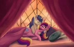 Size: 5998x3852 | Tagged: safe, artist:greenbrothersart, derpibooru import, princess cadance, shining armor, alicorn, pony, unicorn, absurd resolution, bed, can you feel the love tonight, curtain, cute, eye contact, female, looking at each other, male, mare, pillow, shiningcadance, shipping, stallion, straight