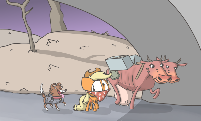 Size: 1280x776 | Tagged: safe, artist:switchy, derpibooru import, applejack, winona, brahmin, cow, dog, earth pony, pony, bandana, crossover, fallout, female, mare, multiple heads, tongue out, travelling, two heads, udder