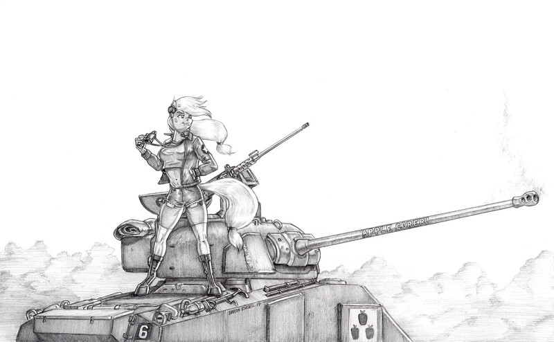 Size: 1600x987 | Tagged: safe, artist:baron engel, derpibooru import, applejack, anthro, earth pony, unguligrade anthro, anime, clothes, colored hooves, crossover, female, girls und panzer, grayscale, m4 sherman, monochrome, pencil drawing, saunders, sherman firefly, simple background, sketch, smiling, solo, tank (vehicle), traditional art, white background