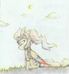 Size: 5100x5454 | Tagged: safe, artist:foxtrot3, derpibooru import, oc, oc:april dawn, unofficial characters only, pegasus, pony, armor, cloud, fantasy class, grass, sad, scenery, solo, story included, sun, traditional art, warrior