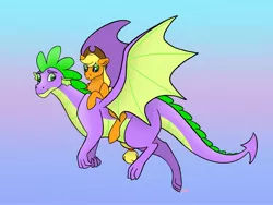 Size: 2491x1870 | Tagged: safe, artist:bellbell123, derpibooru import, applejack, spike, dragon, pony, applespike, cute, female, flying, male, older, older spike, ponies riding dragons, riding, shipping, straight, winged spike