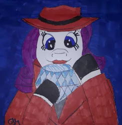 Size: 1179x1209 | Tagged: artist:rapidsnap, carmen sandiego, crossover, derpibooru import, diamond, hat, rarity, safe, solo, traditional art