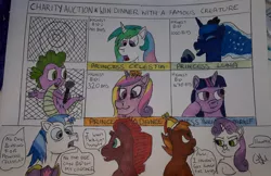 Size: 1712x1111 | Tagged: alicorn, artist:rapidsnap, auction, button mash, charity auction, derpibooru import, laughing, microphone, princess cadance, princess celestia, princess luna, safe, shining armor, shocked, spike, sweetie belle, tempest shadow, traditional art, twilight sparkle, twilight sparkle (alicorn), unamused