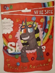 Size: 1155x1511 | Tagged: artist:rapidsnap, candy, changeling, changeling oc, derpibooru import, food, grin, heterochromia, oc, oc:nekky, safe, skittles, smiling, solo, traditional art, unofficial characters only