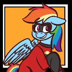 Size: 1280x1280 | Tagged: safe, artist:doodling-is-magic, derpibooru import, rainbow dash, pegasus, pony, clothes, cosplay, costume, crossover, dash parr, female, mare, no pupils, pun, smiling, solo, the incredibles