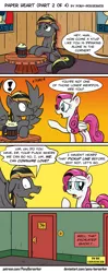 Size: 975x2474 | Tagged: safe, artist:pony-berserker, derpibooru import, diamond rose, oc, oc:berzie, oc:midnight blaze, changeling, pegasus, pony, comic:paper heart, bad pickup line, comic, disguise, disguised changeling, female, male, mare, not rarity, obey, pomf, read, speech bubble, spread wings, that escalated quickly, wingboner, wings