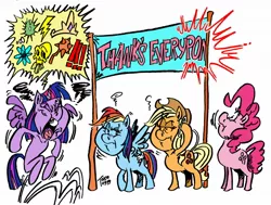 Size: 1280x966 | Tagged: safe, artist:grotezco, derpibooru import, applejack, pinkie pie, rainbow dash, twilight sparkle, twilight sparkle (alicorn), alicorn, pony, swarm of the century, angry, angry look, atom, callback, censored vulgarity, crown, exclamation point, grawlixes, hopping, jewelry, lightning, looking at each other, mace, nine seasons later, overreacting, regalia, rude, screaming, sign, simple background, skull, spread wings, swearing, tantrum, thank you, too short, vulgar, we couldn't fit it all in, weapon, white background, wings