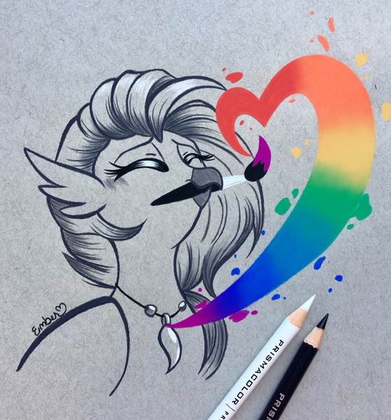 Size: 2831x3038 | Tagged: artist:emberslament, beak, beak hold, blushing, colored pencil drawing, colored pencils, cute, derpibooru import, diastreamies, eyes closed, female, happy, heart, hippogriff, jewelry, mouth hold, necklace, paintbrush, painting, photo, safe, silverstream, solo, traditional art