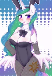 Size: 667x982 | Tagged: alicorn, animal costume, anthro, arm hooves, artist:divided-s, big breasts, blushing, bowtie, breasts, bunny ears, bunnylestia, bunny suit, busty princess celestia, butt wings, cleavage, clothes, costume, cute, cutie mark, derpibooru import, female, incorrect wing anatomy, leotard, lingerie, mare, pantyhose, playboy bunny, princess celestia, solo, solo female, suggestive, unguligrade anthro, wings