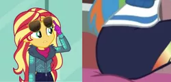 Size: 1595x768 | Tagged: safe, derpibooru import, edit, edited screencap, screencap, rainbow dash, sunset shimmer, equestria girls, equestria girls series, holidays unwrapped, spoiler:eqg series (season 2), butt, clothes, eyes on the prize, glasses, implied lesbian, lifting glasses, rainbutt dash