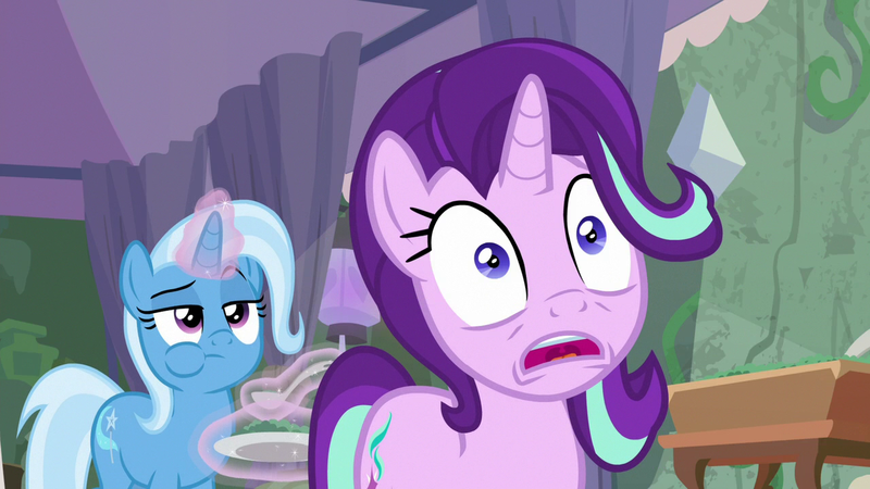 1744471 - derpibooru import, duo, eating, levitation, looking offscreen,  magic, pony, puffy cheeks, safe, screencap, starlight glimmer, student  counsel, telekinesis, trixie, unicorn - Twibooru