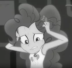 Size: 981x931 | Tagged: safe, derpibooru import, screencap, pinkie pie, equestria girls, equestria girls series, rarity investigates: the case of the bedazzled boot, armpits, black and white, cropped, female, geode of sugar bombs, grayscale, hands on head, lip bite, magical geodes, monochrome, nervous, noir, rarity investigates (eqg): pinkie pie, solo, sweat