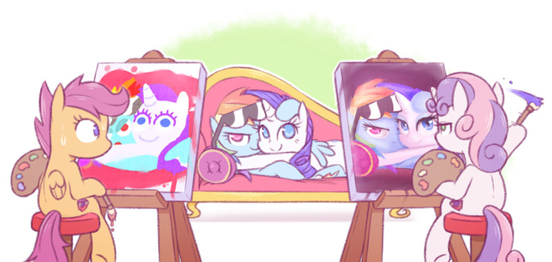 Size: 1144x543 | Tagged: safe, artist:raridashdoodles, derpibooru import, rainbow dash, rarity, scootaloo, sweetie belle, pegasus, pony, unicorn, brush, couch, easel, female, filly, glasses, lesbian, mare, paintbrush, painting, picture, raridash, shipping, sunglasses, sweetie belle is not amused, unamused