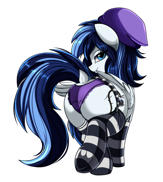 Size: 1716x1911 | Tagged: suggestive, artist:pridark, derpibooru import, oc, oc:misty days, unofficial characters only, pegasus, pony, butt, clothes, dock, female, frilly underwear, garters, goth, looking at you, looking back, looking back at you, mare, panties, plot, purple underwear, rear view, simple background, socks, solo, solo female, striped socks, thigh highs, transparent background, underwear