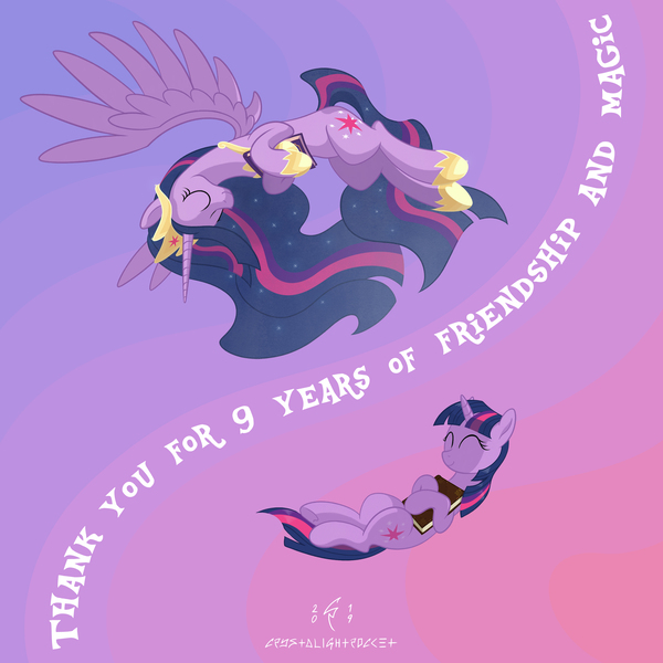 Size: 3000x3000 | Tagged: safe, artist:crystalightrocket, derpibooru import, princess twilight 2.0, twilight sparkle, twilight sparkle (alicorn), alicorn, pony, unicorn, friendship is magic, the last problem, spoiler:s09, book, book of harmony, book of memories, crown, end of ponies, ethereal mane, eyes closed, female, happy birthday mlp:fim, hoof shoes, jewelry, mare, mlp fim's ninth anniversary, older, older twilight, older twilight sparkle (alicorn), regalia, smiling, spread wings, starry mane, that pony sure does love books, unicorn twilight, wings