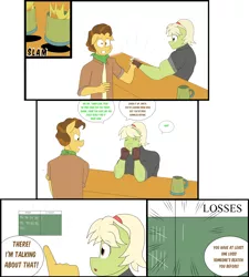 Size: 4208x4672 | Tagged: safe, artist:matchstickman, derpibooru import, grand pear, granny smith, anthro, earth pony, comic:free cider, arm wrestling, biceps, breasts, busty granny smith, cider, clothes, comic, dialogue, duo, female, floppy ears, gloves, granny smash, male, mare, muscles, onomatopoeia, scoreboard, shirt, simple background, speech bubble, stallion, table, white background, younger, young grand pear, young granny smith