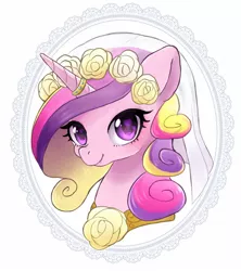 Size: 1200x1350 | Tagged: safe, artist:ayahana, derpibooru import, princess cadance, alicorn, pony, bridal veil, bust, cute, cutedance, female, flower, flower in hair, heart eyes, horn, horn ring, jewelry, mare, marriage, ring, simple background, solo, wedding, wedding ring, white background, wingding eyes