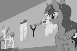 Size: 1844x1220 | Tagged: safe, artist:dusthiel, derpibooru import, princess celestia, princess luna, alicorn, pony, alternate hairstyle, banana, duo, eyes on the prize, female, food, grayscale, hair bun, inktober, mare, monochrome, prank, royal sisters, siblings, sisters, sling, slingshot, tail bun, this will end in pain, this will end in tears, this will end in tears and/or a journey to the moon, treadmill