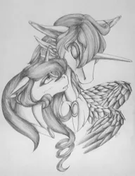 Size: 1024x1334 | Tagged: safe, artist:oneiria-fylakas, derpibooru import, oc, oc:gaash, oc:ibath, unofficial characters only, braham, original species, unicorn, female, mare, monochrome, traditional art