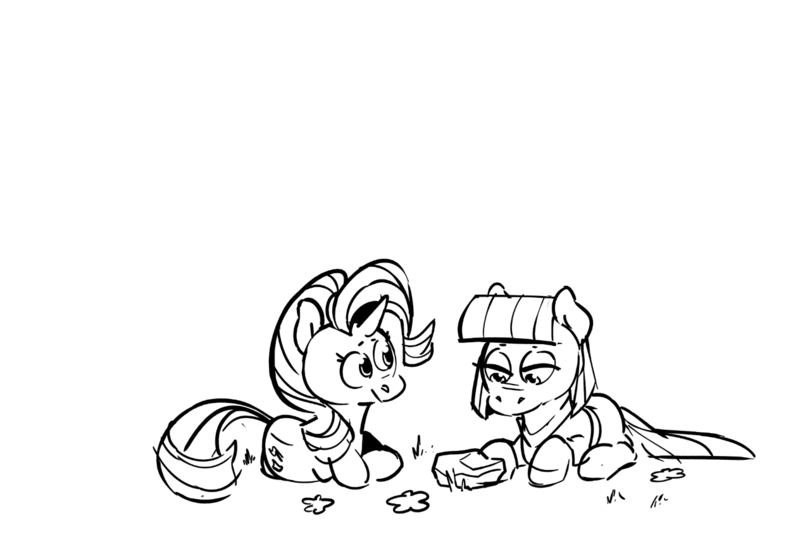 Size: 1264x868 | Tagged: safe, artist:kylesmeallie, derpibooru import, maud pie, starlight glimmer, earth pony, pony, unicorn, female, lying down, mare, monochrome, prone, rock, smiling