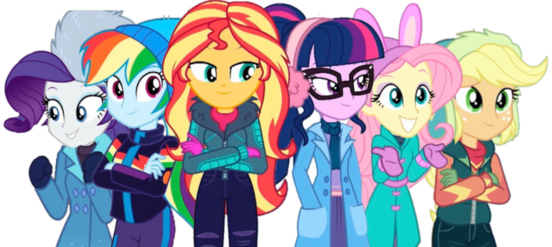 Size: 1280x572 | Tagged: safe, derpibooru import, edit, edited screencap, screencap, applejack, fluttershy, rainbow dash, rarity, sci-twi, sunset shimmer, twilight sparkle, equestria girls, equestria girls series, holidays unwrapped, spoiler:eqg series (season 2), background removed, cap, clothes, earmuffs, glasses, gloves, hat, jacket, scarf