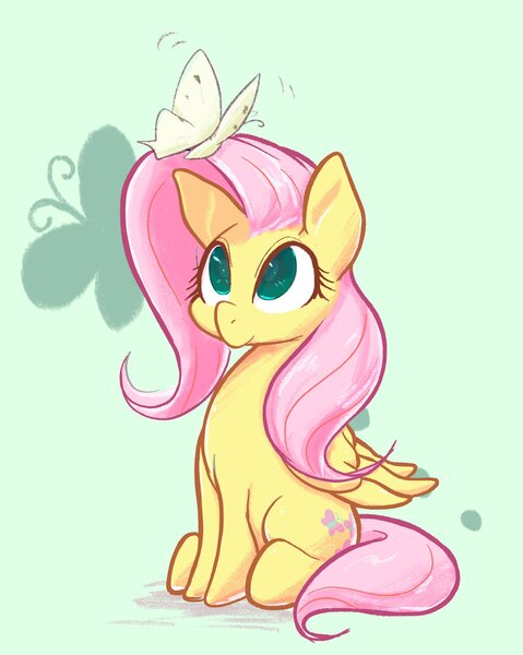Size: 1636x2048 | Tagged: safe, artist:noupu, derpibooru import, fluttershy, butterfly, pegasus, pony, cute, female, folded wings, green background, green eyes, looking at something, looking up, mare, no pupils, shyabetes, simple background, sitting, solo, three quarter view, wings