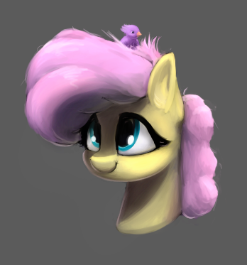 Size: 348x373 | Tagged: safe, artist:whiskeypanda, derpibooru import, fluttershy, bird, pony, alternate hairstyle, bust, female, low res image, mare, nest, nesting instinct, practice drawing, simple background, sitting on head, small resolution, smiling, solo, three quarter view