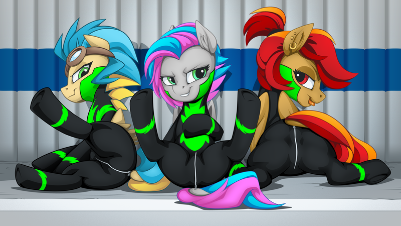 Size: 2560x1440 | Tagged: suggestive, alternate version, artist:mysticalpha, derpibooru import, oc, oc:primepeak, oc:sunstream, oc:vapourwave, pegasus, pony, clothes, female, uniform, washouts uniform