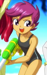 Size: 717x1128 | Tagged: safe, artist:uotapo, derpibooru import, edit, apple bloom, scootaloo, equestria girls, clothes, cropped, cute, cutealoo, image, jpeg, one-piece swimsuit, solo focus, super soaker, super soaker 50, swimsuit, watergun