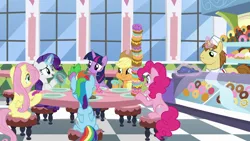 Size: 1920x1080 | Tagged: safe, derpibooru import, screencap, applejack, donut joe, fluttershy, pinkie pie, rainbow dash, rarity, spike, twilight sparkle, twilight sparkle (alicorn), alicorn, pony, the ending of the end, donut, food, magic, mane seven, mane six