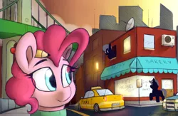 Size: 1920x1250 | Tagged: safe, artist:perezadotarts, derpibooru import, pinkie pie, earth pony, pony, awning, bakery, bridge, building, car, city, cityscape, cloud, eye, eyes, figure, happy birthday mlp:fim, lamp, lamppost, light, lights, microsoft, mlp fim's ninth anniversary, pencil, police car, road, shop, sidewalk, sky, smiling, street, taxi, vehicle, windows