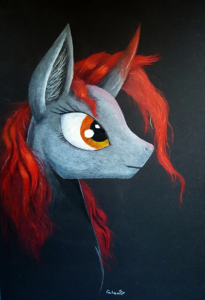 Size: 2988x4374 | Tagged: safe, artist:cahandariella, derpibooru import, oc, oc:obsidian, pony, unicorn, fanfic:kruchość obsydianu, bust, colored pencil drawing, dark, fanfic art, parent:king sombra, portrait, solo, traditional art