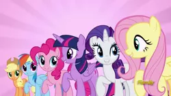 Size: 1280x720 | Tagged: safe, derpibooru import, screencap, applejack, fluttershy, pinkie pie, rainbow dash, rarity, twilight sparkle, twilight sparkle (alicorn), alicorn, pony, unicorn, fame and misfortune, channel, discovery family, discovery family logo, flawless, mane six, smiling, song