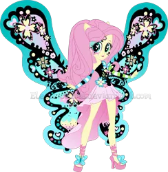 Size: 2930x3000 | Tagged: safe, artist:crimsumic, derpibooru import, fluttershy, equestria girls, butterfly wings, clothes, cutie mark eyes, dress, makeup, obtrusive watermark, shoes, shy, simple background, smiling, solo, transparent background, watermark, wingding eyes, wings