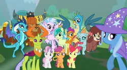 Size: 3964x2200 | Tagged: safe, artist:alvaxerox, derpibooru import, apple bloom, gallus, ocellus, prince rutherford, princess ember, sandbar, scootaloo, silverstream, smolder, sweetie belle, thorax, trixie, yona, changedling, changeling, classical hippogriff, dragon, earth pony, gryphon, hippogriff, pegasus, pony, unicorn, yak, bow, cape, clothes, cloven hooves, cute, cutie mark crusaders, diaocelles, diastreamies, dragoness, female, filly, gallabetes, hair bow, hat, jewelry, king thorax, looking at you, male, monkey swings, necklace, sandabetes, smolderbetes, student six, teenager, trio, yonadorable