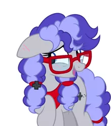 Size: 2041x2325 | Tagged: safe, artist:lazuli, artist:rioshi, artist:starshade, derpibooru import, oc, oc:cinnabyte, unofficial characters only, earth pony, pony, bandana, blushing, ear blush, female, glasses, mare, simple background, solo, white background