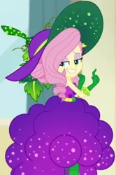Size: 392x589 | Tagged: safe, derpibooru import, screencap, fluttershy, equestria girls, equestria girls series, holidays unwrapped, spoiler:eqg series (season 2), bare shoulders, belt, clothes, cornucopia costumes, costume, cropped, cute, dress, food, geode of fauna, gloves, grapes, grin, hat, huggable, leaf, leggings, lidded eyes, magical geodes, o come all ye squashful, sleeveless, smiling, vine