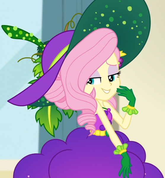 Size: 608x655 | Tagged: safe, derpibooru import, screencap, fluttershy, equestria girls, equestria girls series, holidays unwrapped, spoiler:eqg series (season 2), bare shoulders, belt, clothes, cornucopia costumes, costume, cropped, cute, dress, food, geode of fauna, gloves, grapes, hat, huggable, jewelry, leaf, lidded eyes, magical geodes, necklace, o come all ye squashful, sleeveless, smiling, vine