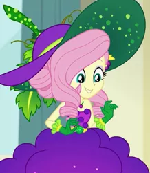 Size: 943x1080 | Tagged: safe, derpibooru import, screencap, fluttershy, equestria girls, equestria girls series, holidays unwrapped, spoiler:eqg series (season 2), bare shoulders, belt, clothes, cornucopia costumes, costume, cropped, cute, dress, food, geode of fauna, gloves, grapes, hat, huggable, jewelry, leaf, looking down, magical geodes, necklace, o come all ye squashful, shyabetes, sleeveless, smiling, solo, vine