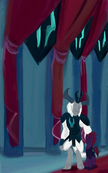 Size: 800x1280 | Tagged: safe, artist:ruthpainter, derpibooru import, storm king, tempest shadow, unicorn, yeti, my little pony: the movie, antagonist, armor, broken horn, canterlot castle, canterlot throne room, crown, curtains, faceless female, faceless male, female, flag, horn, horns, jewelry, male, no face, offscreen character, painting, regalia, storm king's emblem