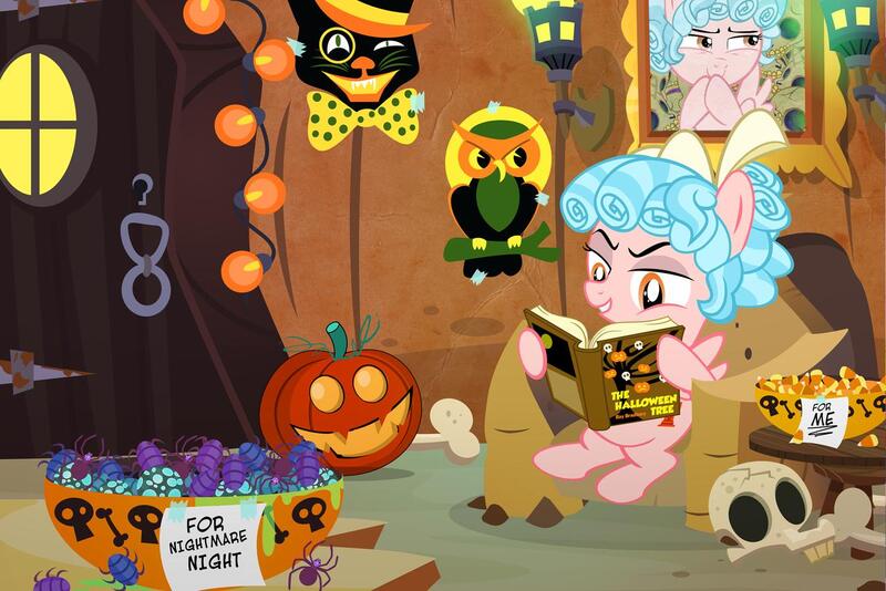 Size: 1280x854 | Tagged: artist:pixelkitties, book, candy, chaurus, cozy glow, derpibooru import, door, food, halloween, holiday, insect, larva, nightmare night, pumpkin, ray bradbury, read, reading, safe, skull, solo, spike